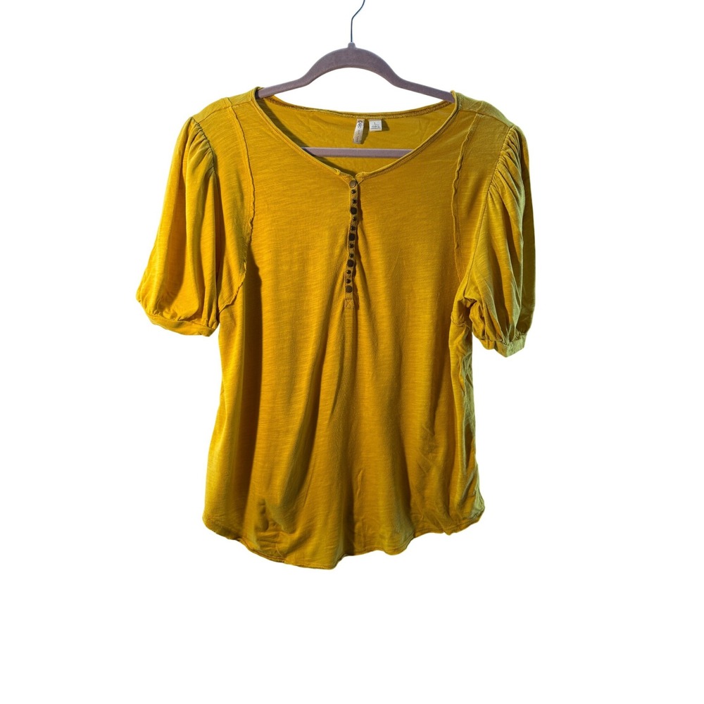 Cato Yellow Mustard Puff Sleeve Henley Tunic Top Size‎ L Cotton Modal